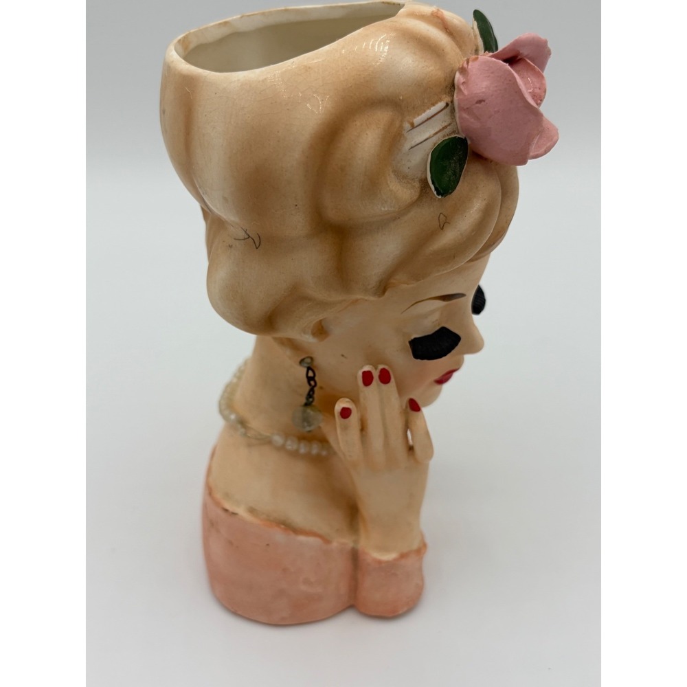 Vintage 1961 Inarco Japan Lady Head Vase E-193/M/B Pink Rose Pearl Necklace 5.5" - Picture 3 of 6